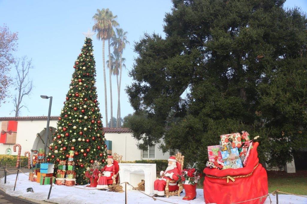 A christmas tree with presents and a bag of presents

Description automatically generated