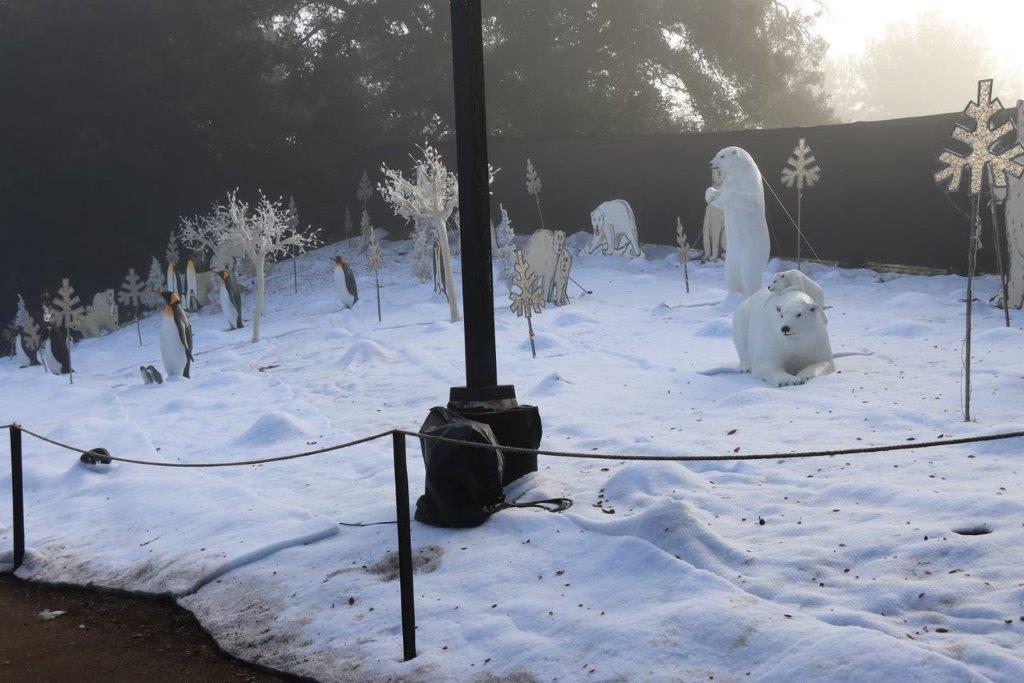 A snow covered ground with a pole and a white polar bear

Description automatically generated